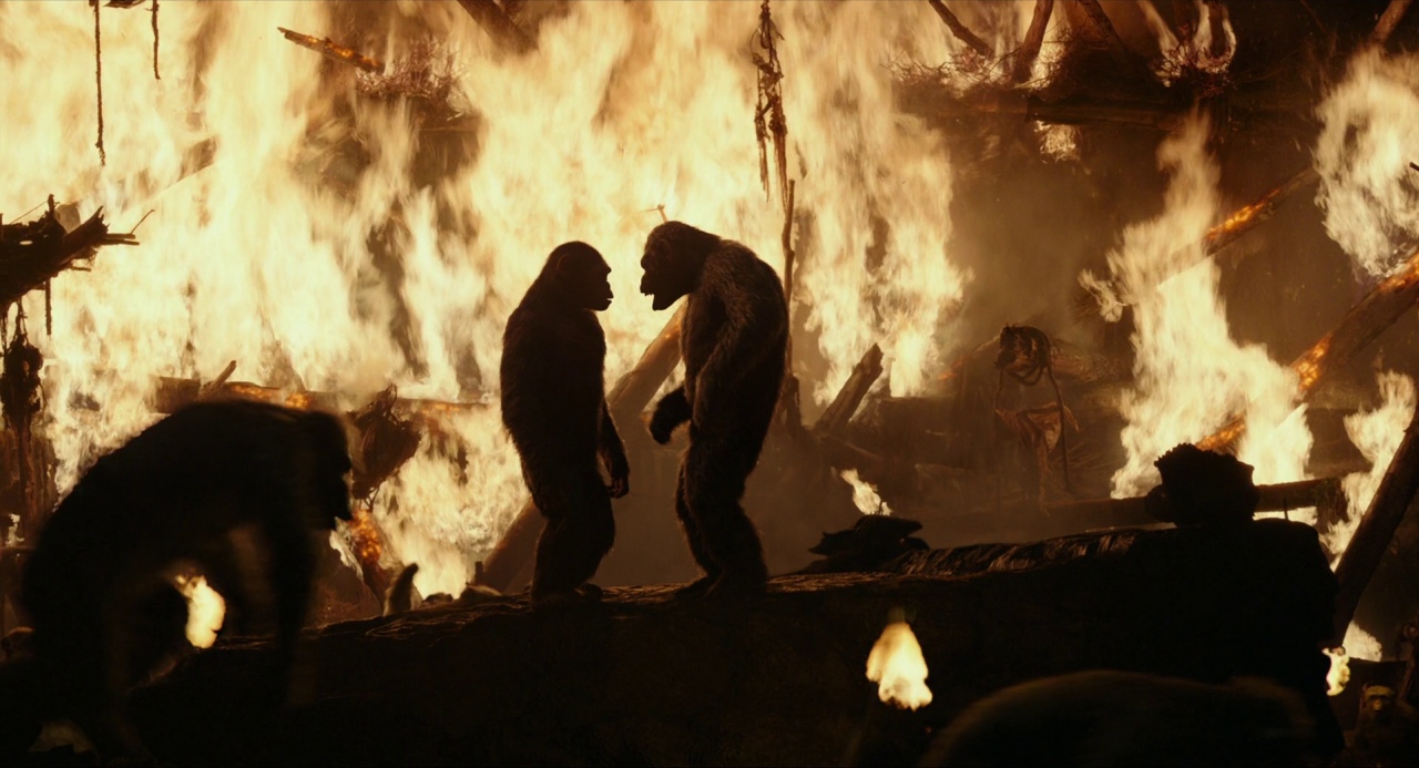 Caesar and Koba face off in the flames of their village in Dawn of the Planet of the Apes