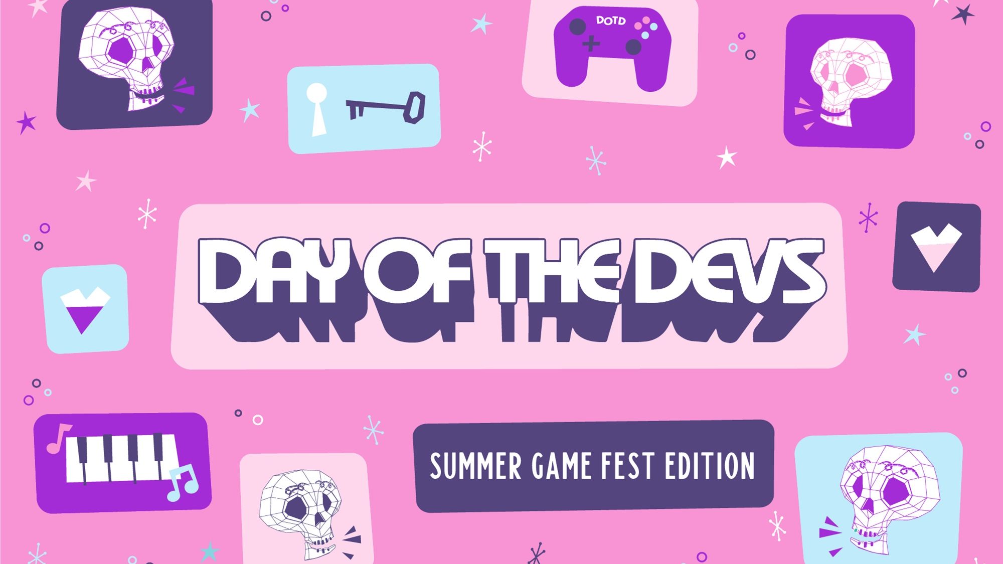 Key art for Day of the Devs shows skulls and controllers.