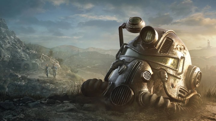 Two vault-dwellers and a helmet from a set of power armor.