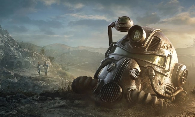 Two vault-dwellers and a helmet from a set of power armor.