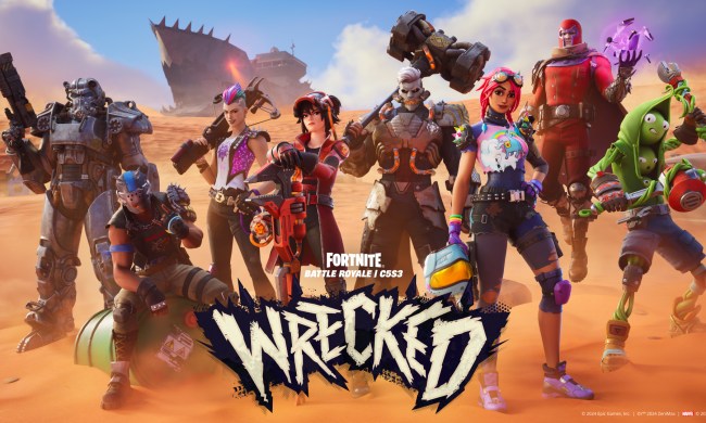 A bunch of Fortnite characters, including Magneto and somebody in Fallout power armor, standing in a desert with "Wrecked" spelled out on the bottom