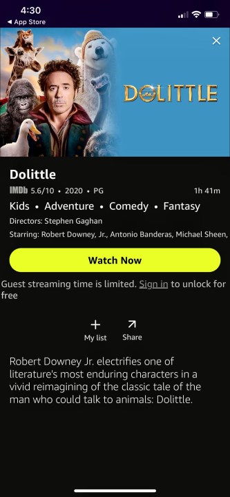 Freevee iOS 应用程序中 Doolittle 的“立即观看”屏幕。