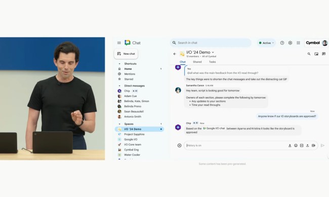 A screenshot from Google I/O showing an AI Teammate side by side with the presenter.
