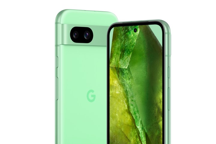 Product render of the Aloe Google Pixel 8a, showing the front and back of the phone.