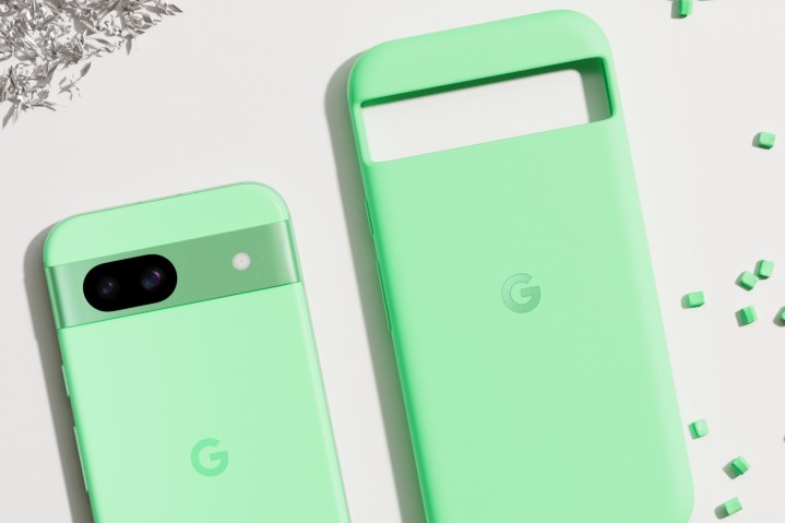 A render of the Google Pixel 8a next to an official Google case.