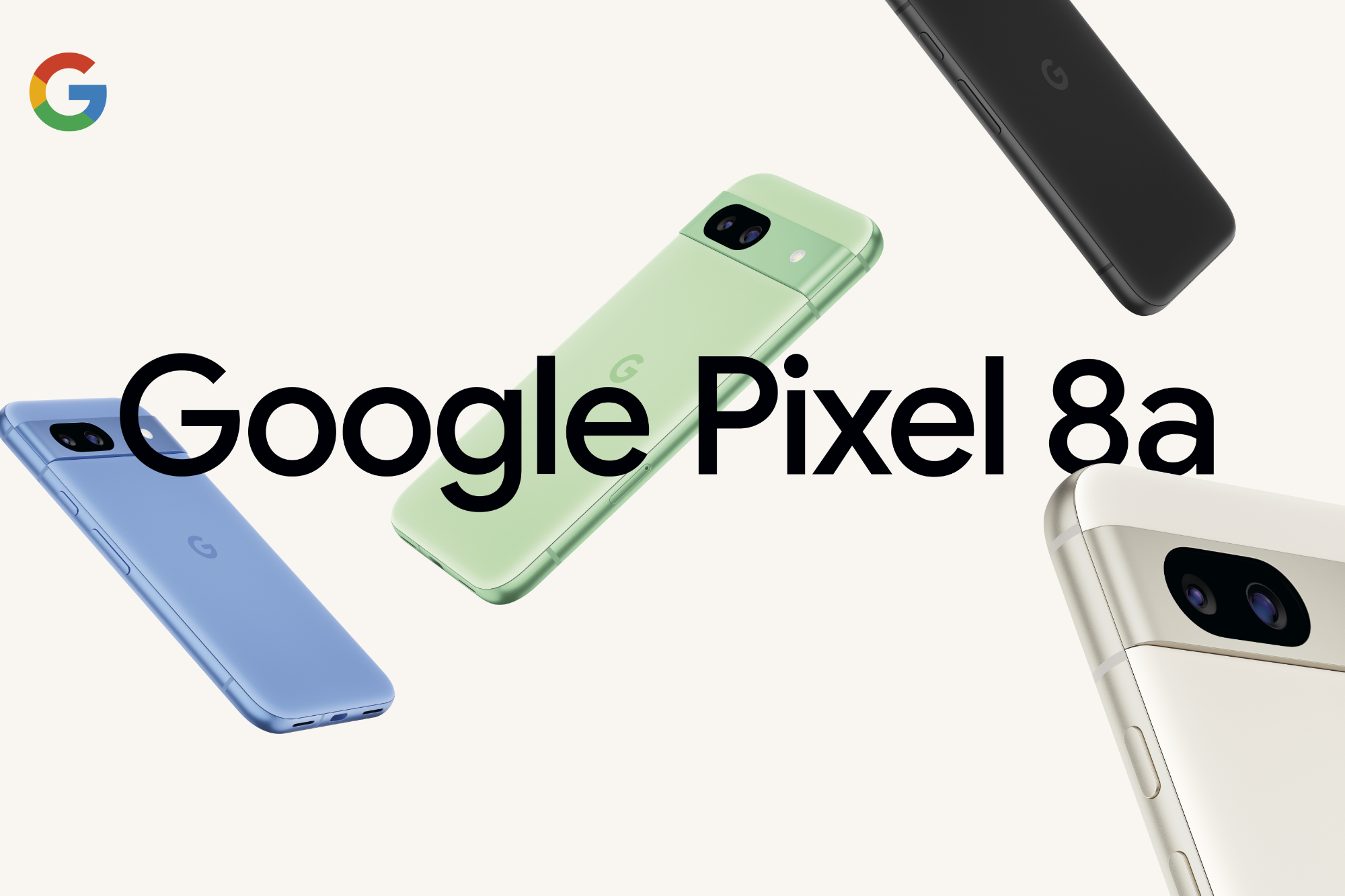 Imagem promocional do Google Pixel 8a, mostrando renderizações do telefone em todas as quatro cores.