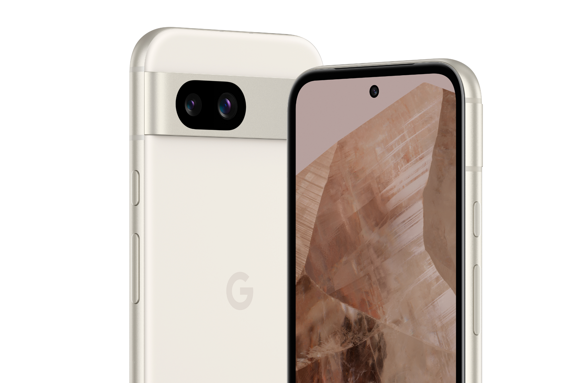 Ein Rendering des Google Pixel 8a in seiner Porzellanfarbe, das die Vorder- und Rückseite des Telefons zeigt.