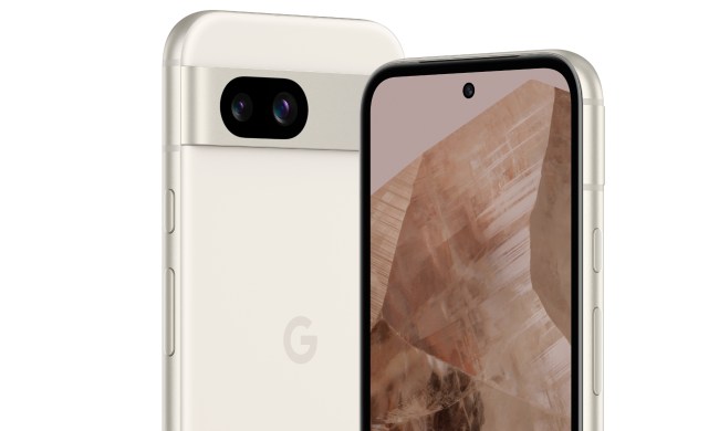 A render of the Google Pixel 8a in its porcelain color, showing the front and back of the phone.
