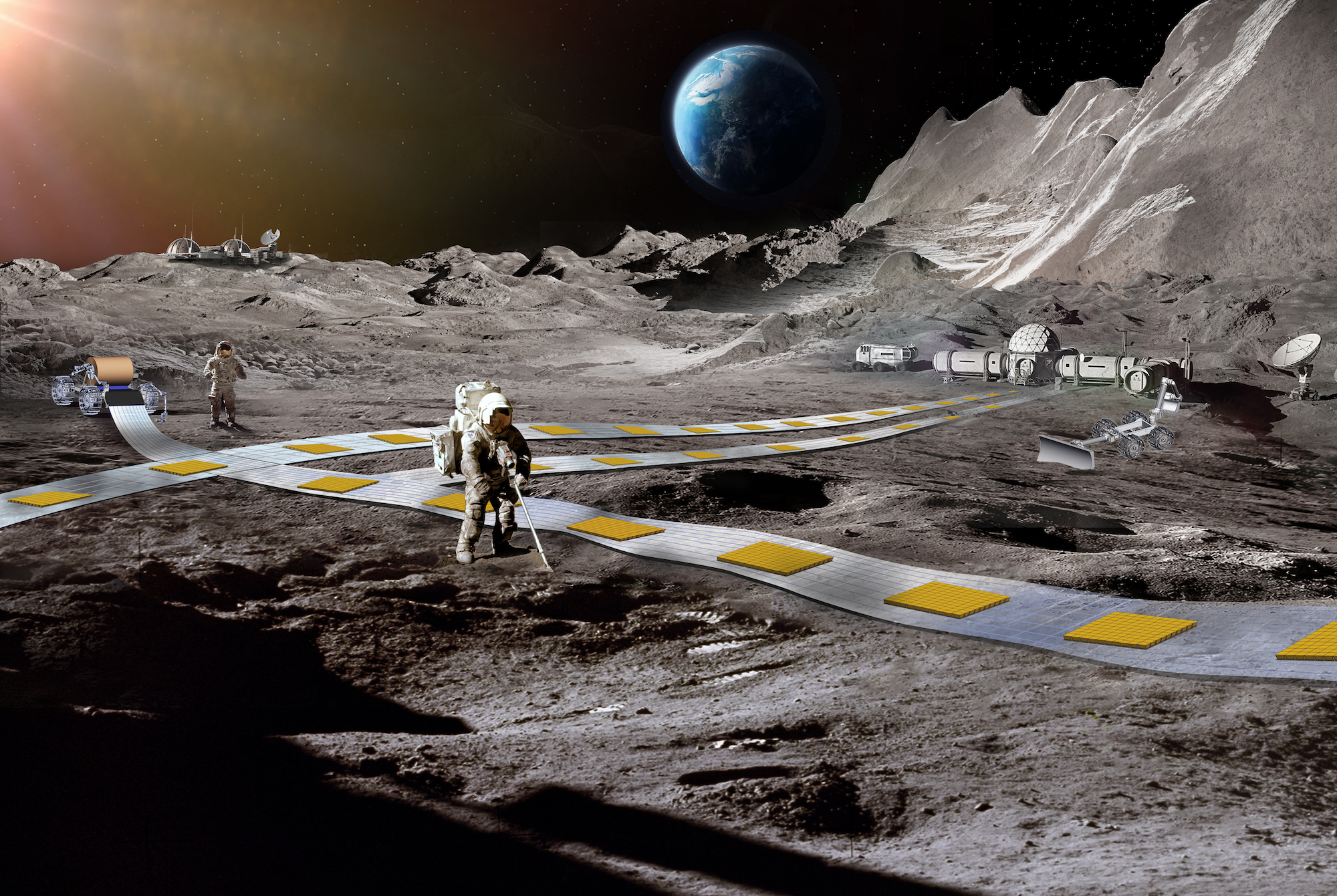 Artist concept of novel approach proposed by a 2024 NIAC Phase II awardee for possible future missions depicting lunar surface with planet Earth on the horizon.