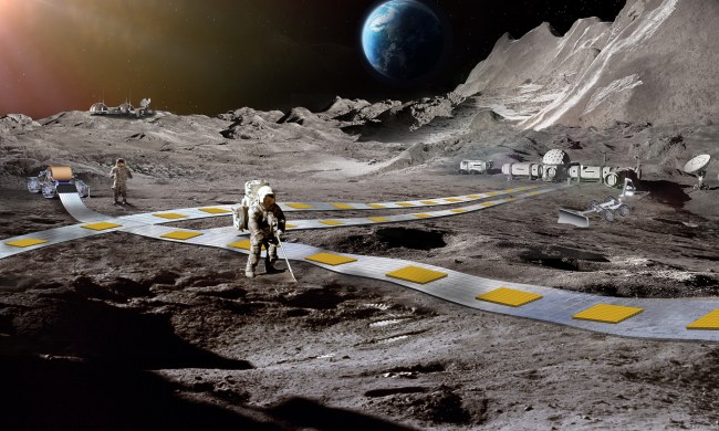 Artist concept of novel approach proposed by a 2024 NIAC Phase II awardee for possible future missions depicting lunar surface with planet Earth on the horizon.