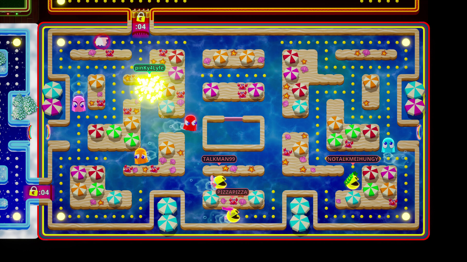 Pac-Men perseguem uns aos outros através de um labirinto de praia em Pac-Man Mega Tunnel Battle: Chomp Champs.