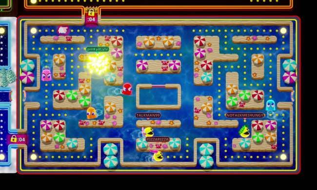 Pac-Men chase one another through a beach maze in Pac-Man Mega Tunnel Battle: Chomp Champs.