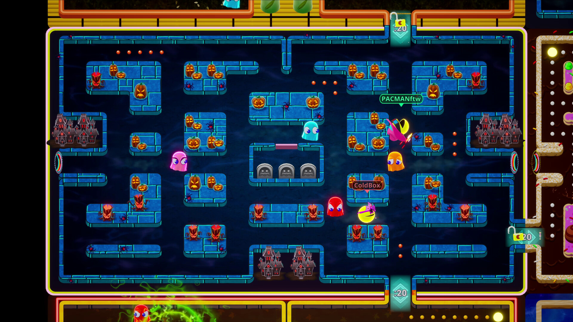 Pac-Man runs from ghosts on a graveyard themed board in Pac-Man Mega Tunnel Battle: Chomp Champs.