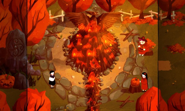 Characters stand around a burning pile of hay in Paper Trail.