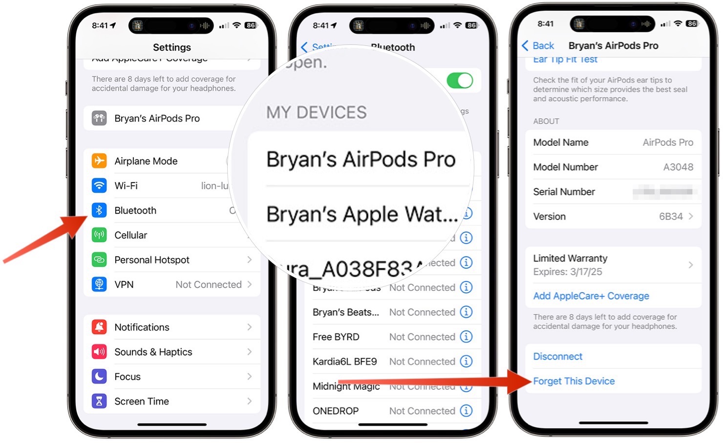 capturas de tela mostrando como desconectar seus AirPods do iPhone.