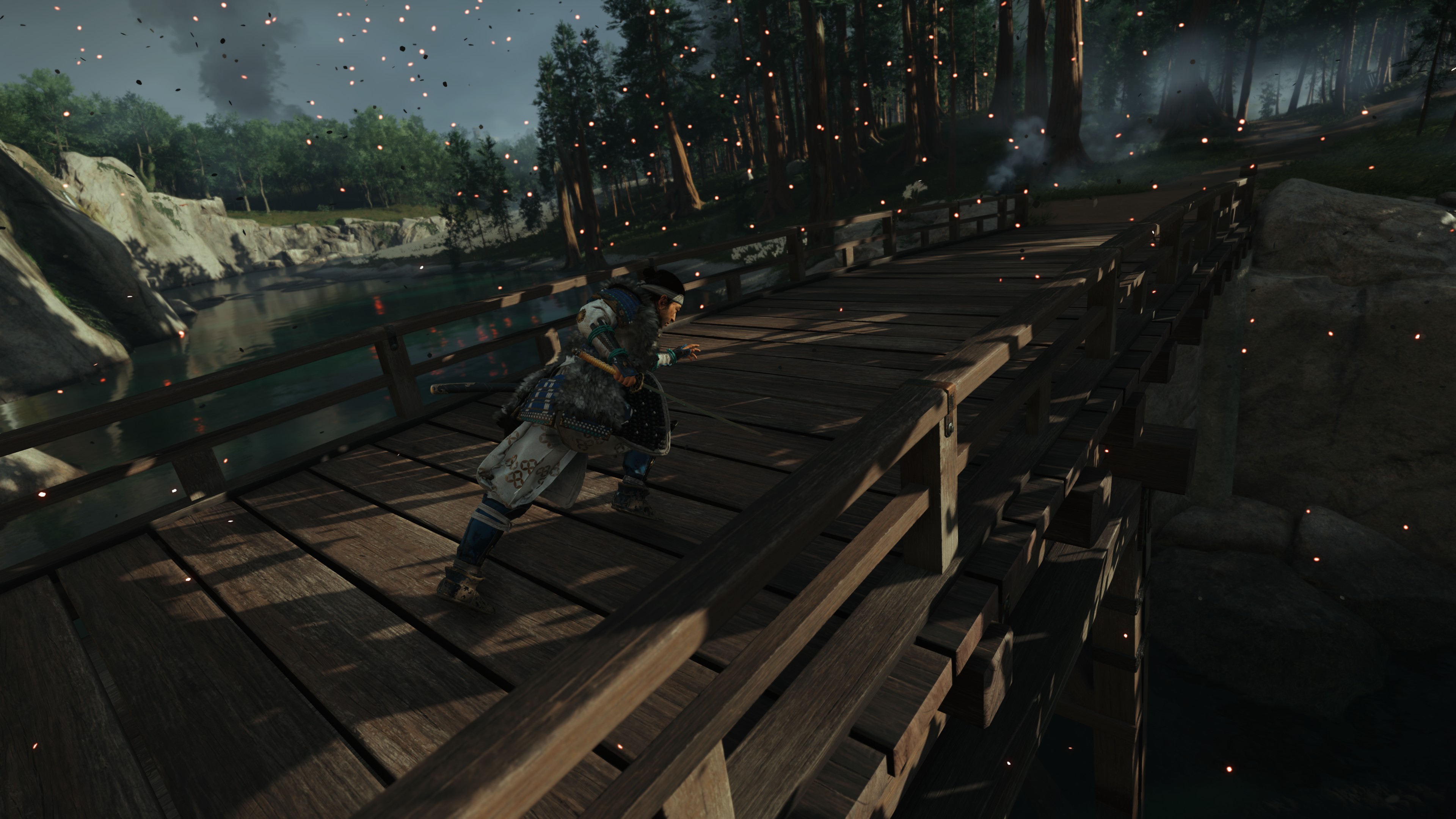 Jin running across a bridge in Ghost of Tsushima.