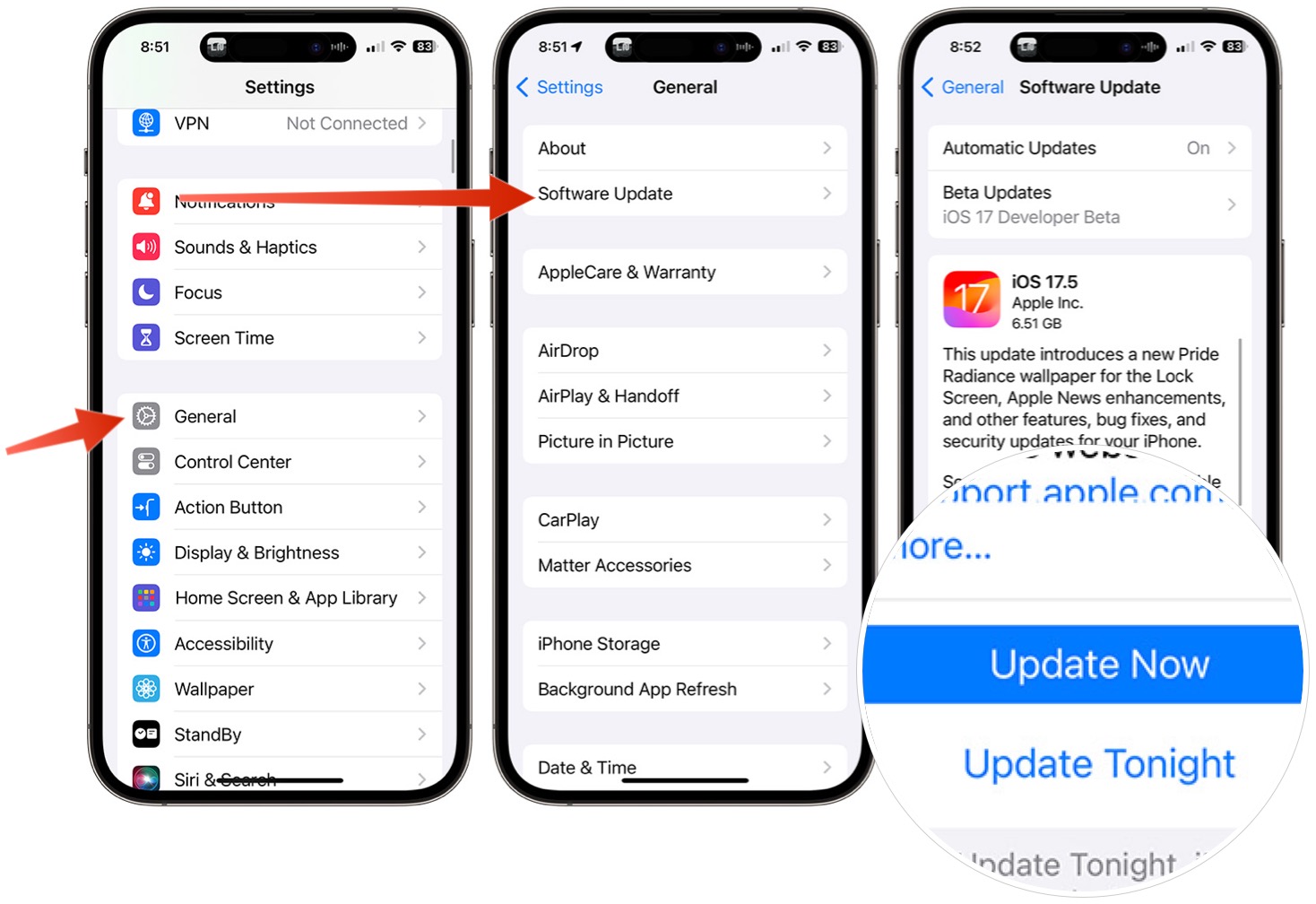 capturas de tela mostrando como verificar e instalar atualizações de software no iPhone.
