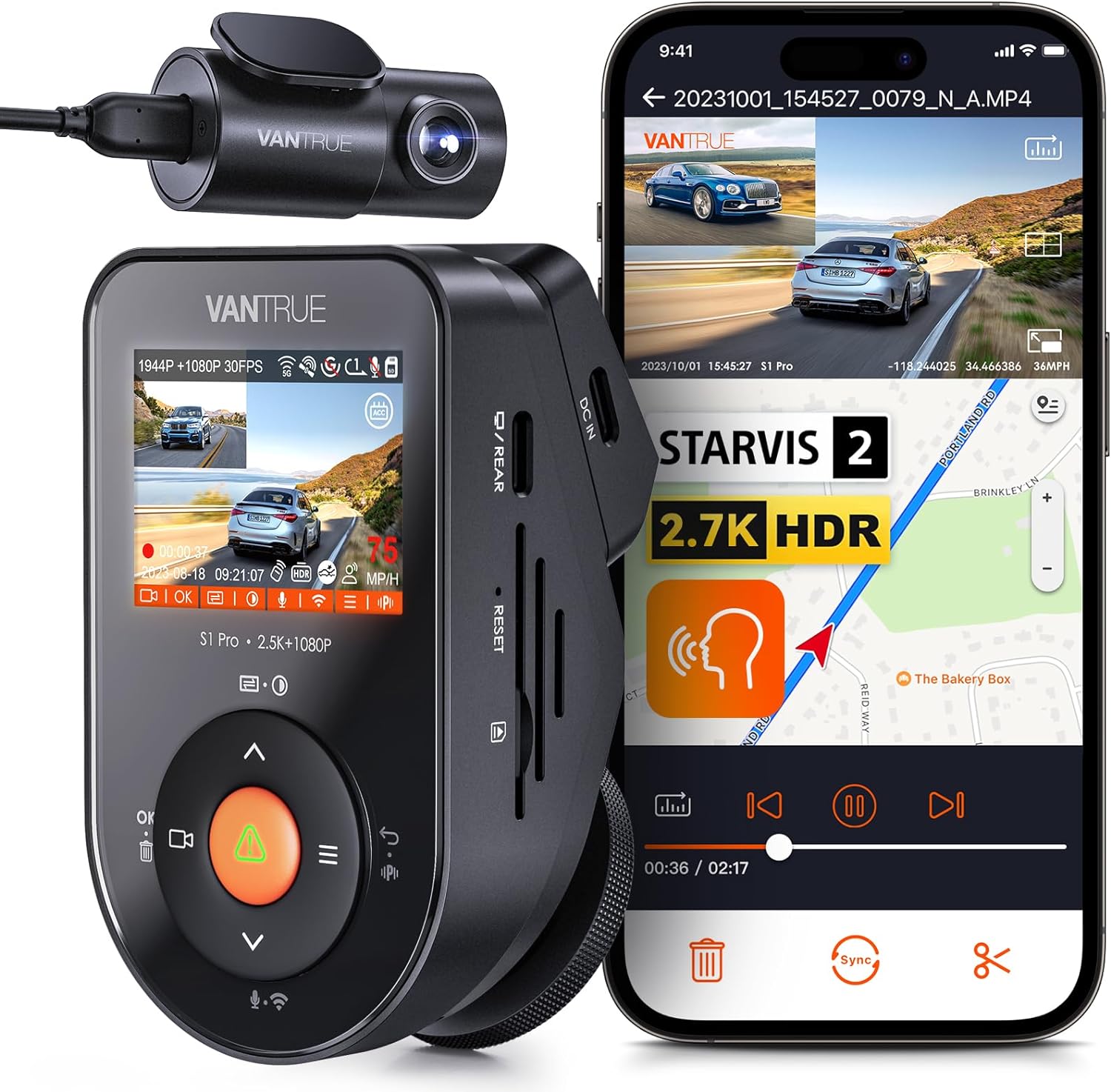 Vantrue S1 Pro 2.7K ডুয়াল ড্যাশ ক্যাম।