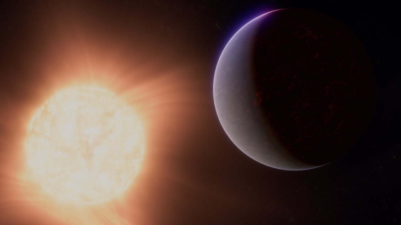 This artist’s concept shows what the exoplanet 55 Cancri e could look like. Also called Janssen, 55 Cancri e is a so-called super-Earth, a rocky planet significantly larger than Earth but smaller than Neptune, which orbits its star at a distance of only 2.25 million kilometres (0.015 astronomical units), completing one full orbit in less than 18 hours. In comparison, Mercury is 25 times farther from the Sun than 55 Cancri e is from its star. The system, which also includes four large gas-giant planets, is located about 41 light-years from Earth, in the constellation Cancer.