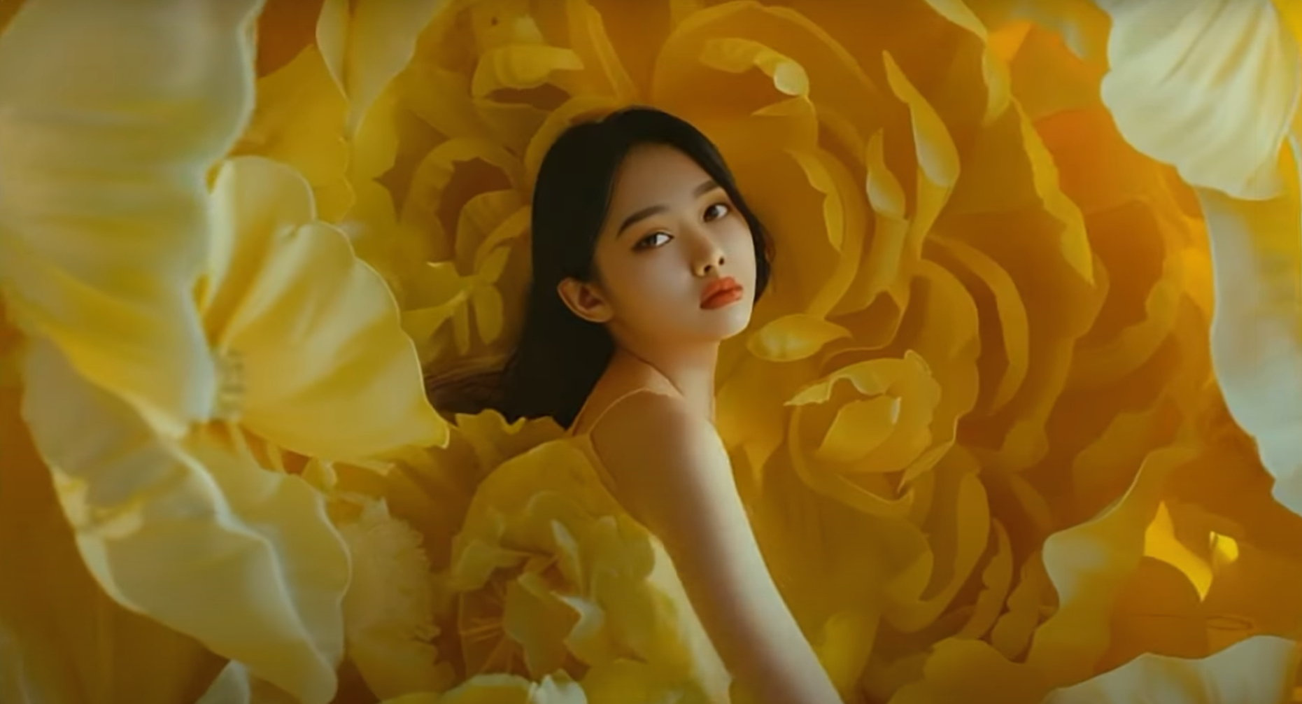 An AI-generated image of a woman in a yellow dress sitting in front of a similarly colored floral background.