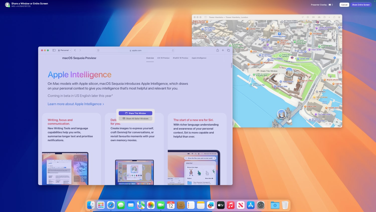 macOS Sequoia의 발표자 미리보기 FaceTime 기능.