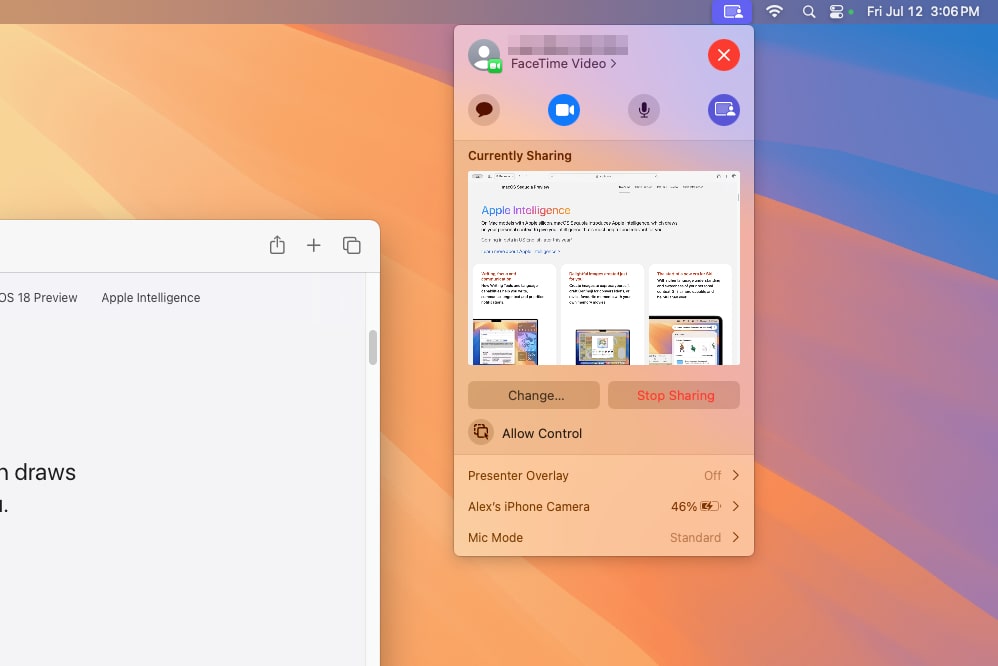 macOS Sequoia의 발표자 미리보기 FaceTime 기능.