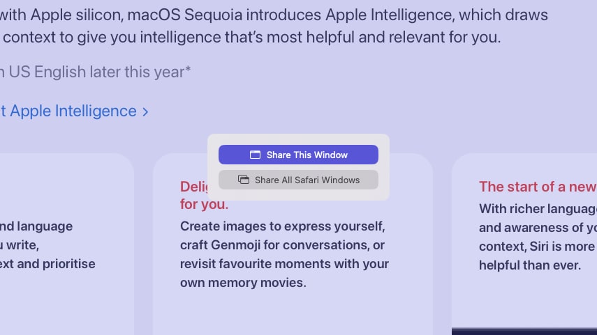 macOS Sequoia의 발표자 미리보기 FaceTime 기능.