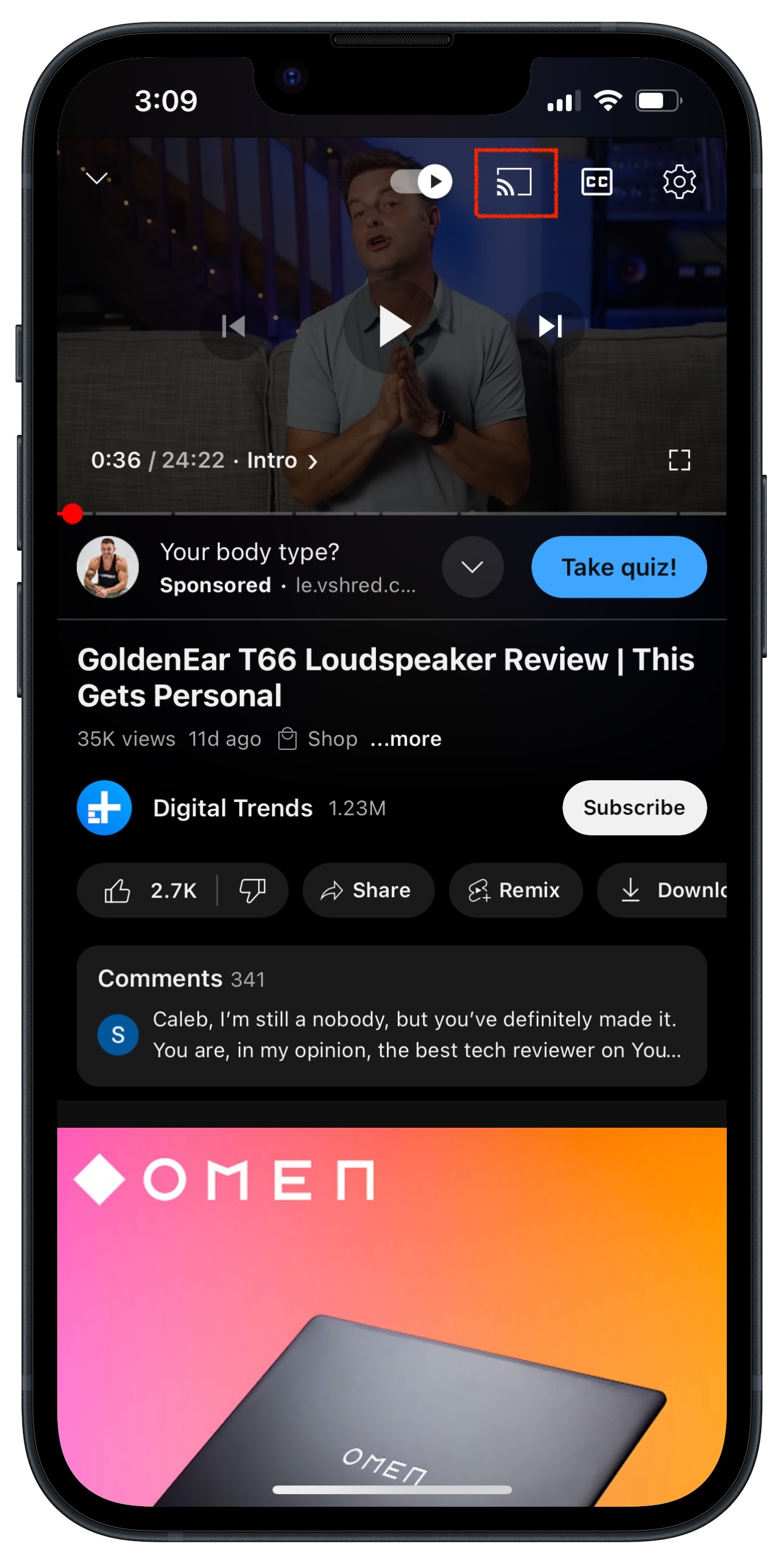 Usar Google Cast desde la app de YouTube en iOS.